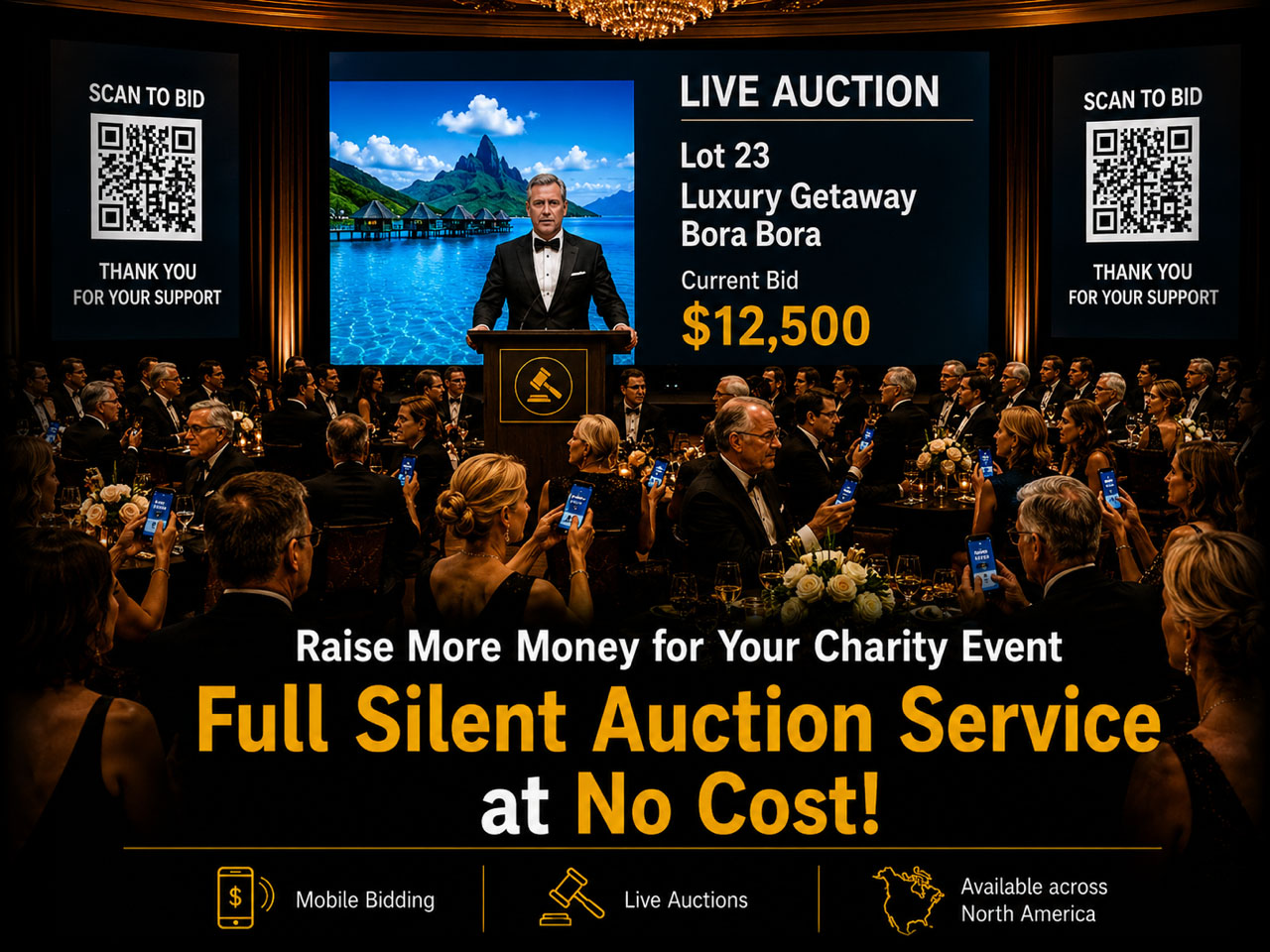 Raise more money for your charity event. Full Silent Auction Service at No Cost! Mobile Bidding, Live Auctions, Available across North America